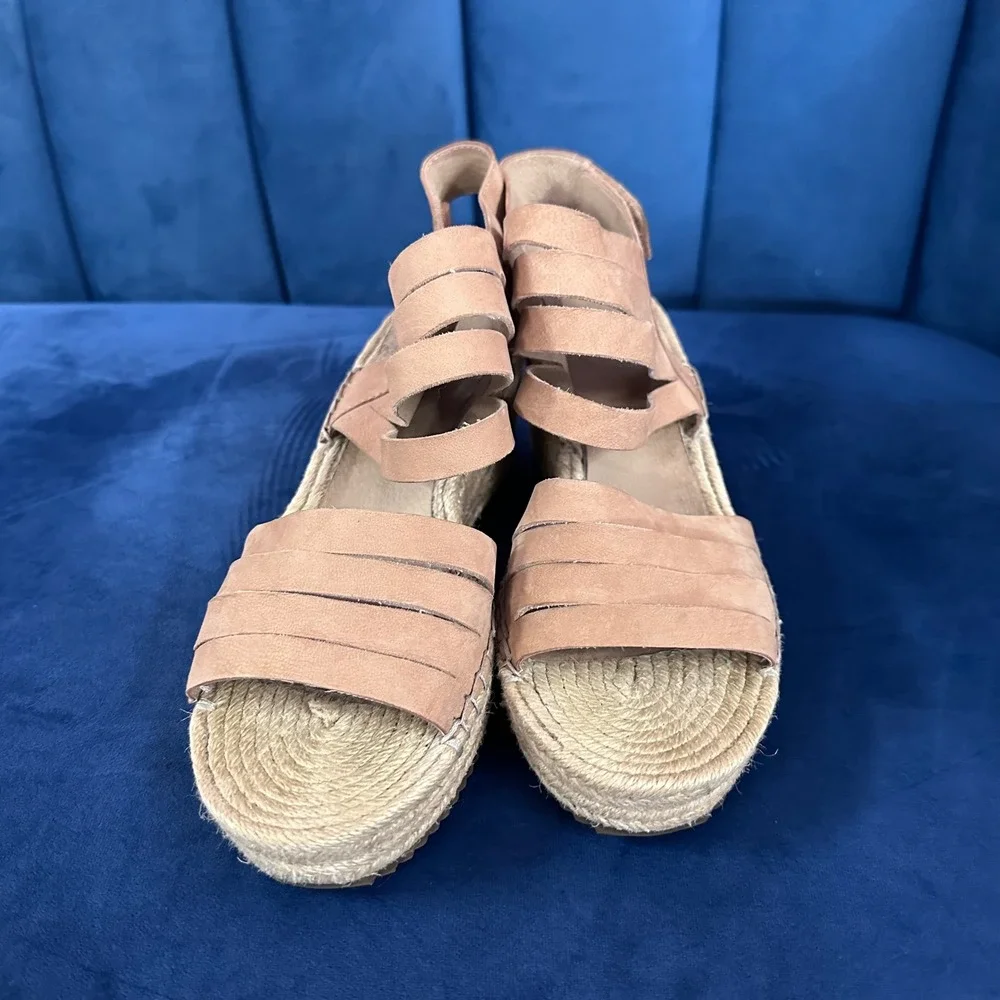 Eileen Fisher Espadrille Wedge Sandals tan Strappy Ankle Strap Size 9 platform